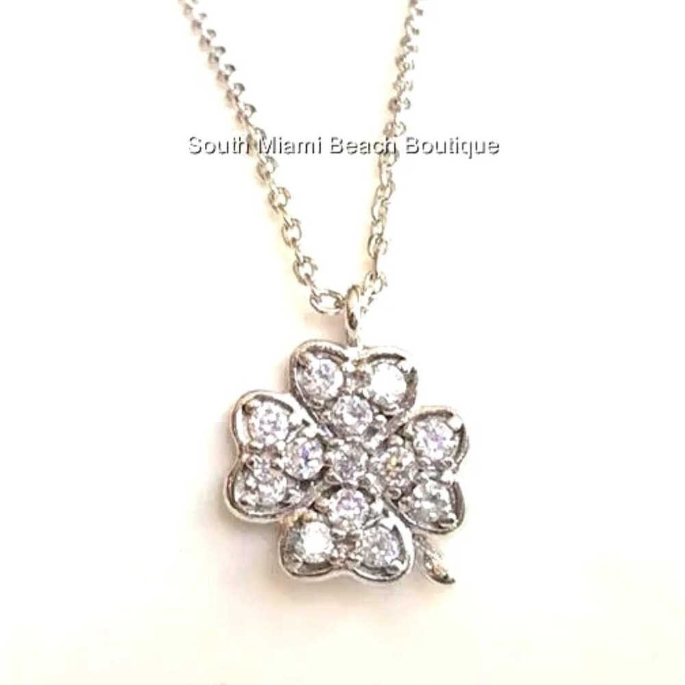 Irish Shamrock Necklace 18" Micro Pave Cubic Zirconia Sparkly Silver Plated